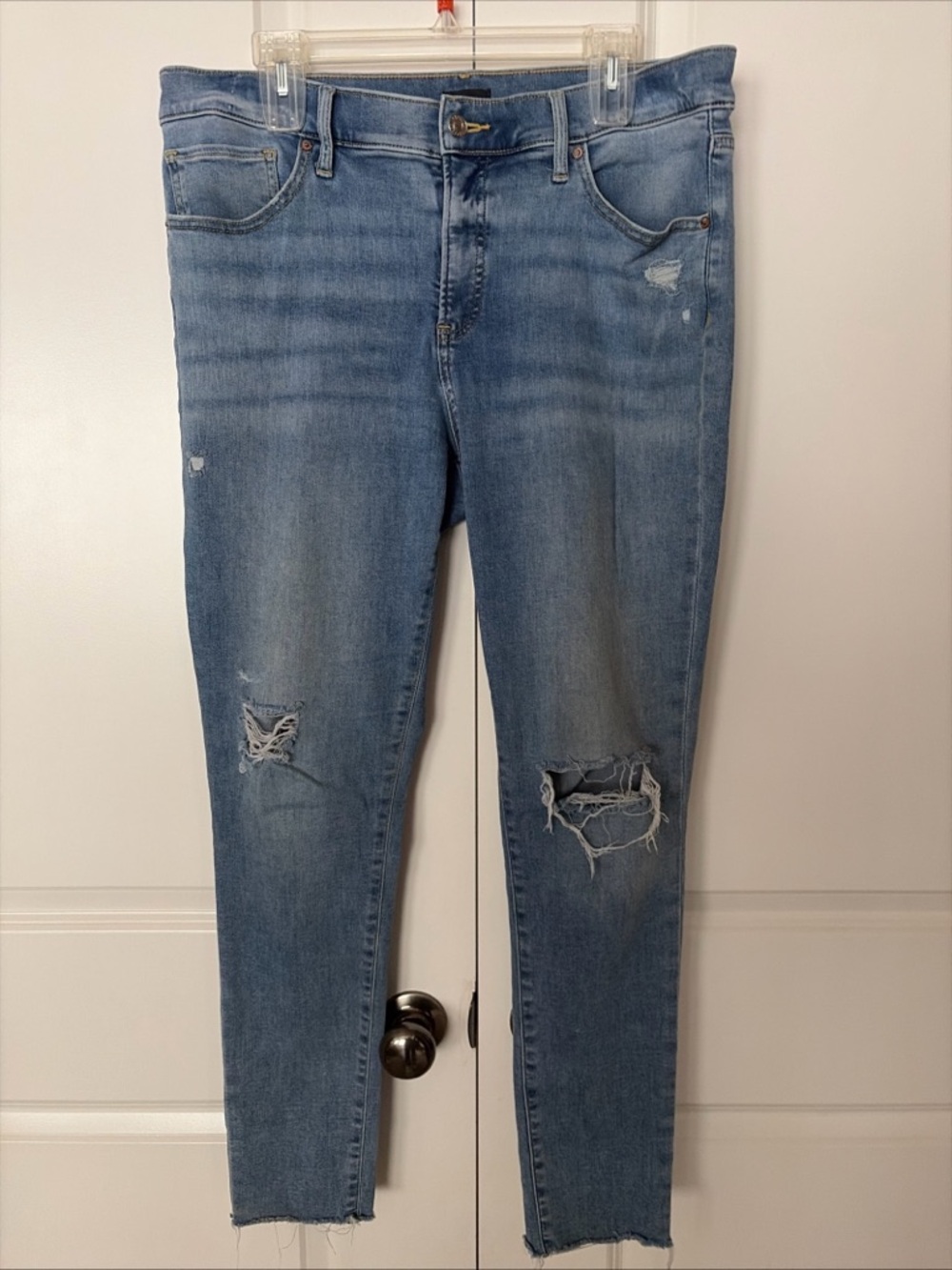 Express Women's Light Blue Wash Distressed Skinny Jeans Raw Hem High Rise - 14L
